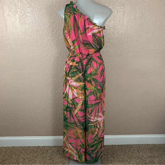 Zarr Collection One Shoulder Pink Tropical Print Pant Jumpsuit - Picture 4 of 12